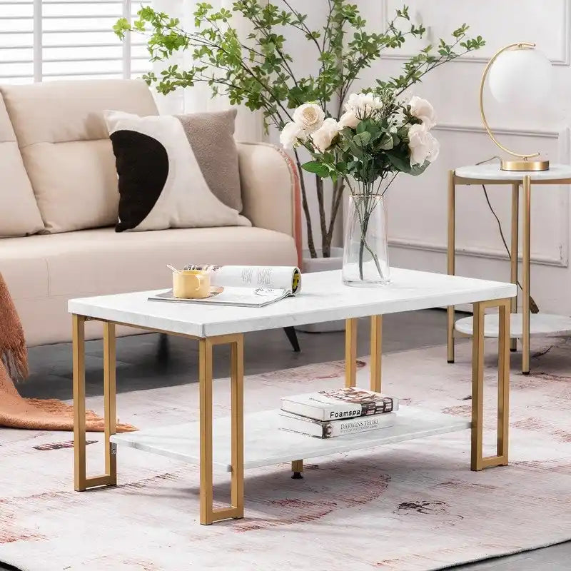Table basse en marbre PVC à double plateau et pieds en fer doré