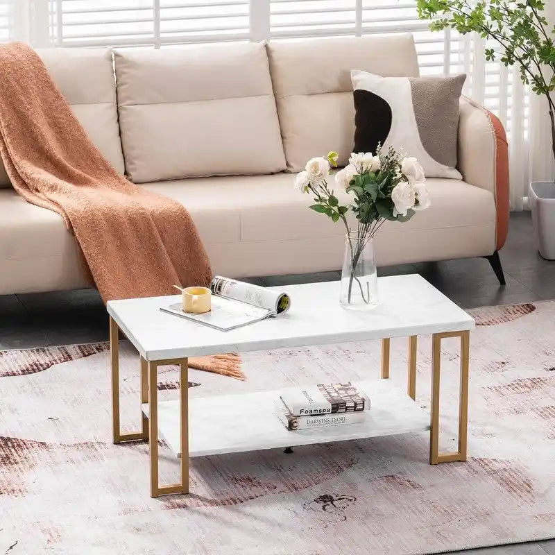 Table basse en marbre PVC à double plateau et pieds en fer doré