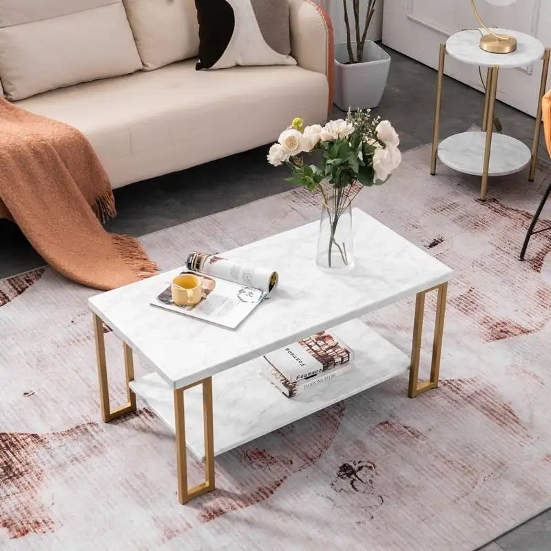 Table basse en marbre PVC à double plateau et pieds en fer doré