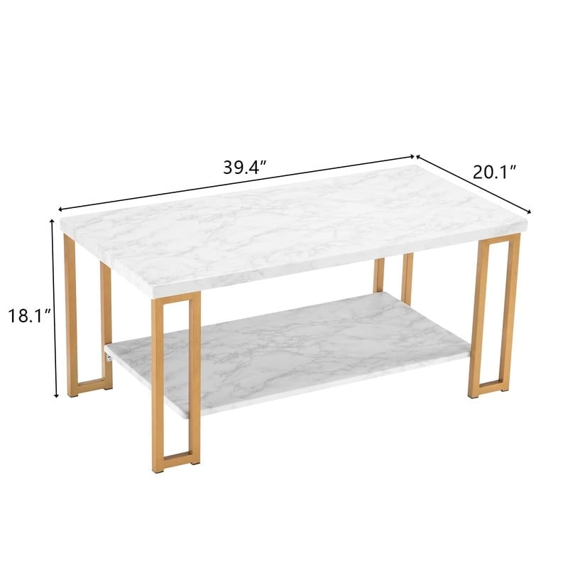 Table basse en marbre PVC à double plateau et pieds en fer doré
