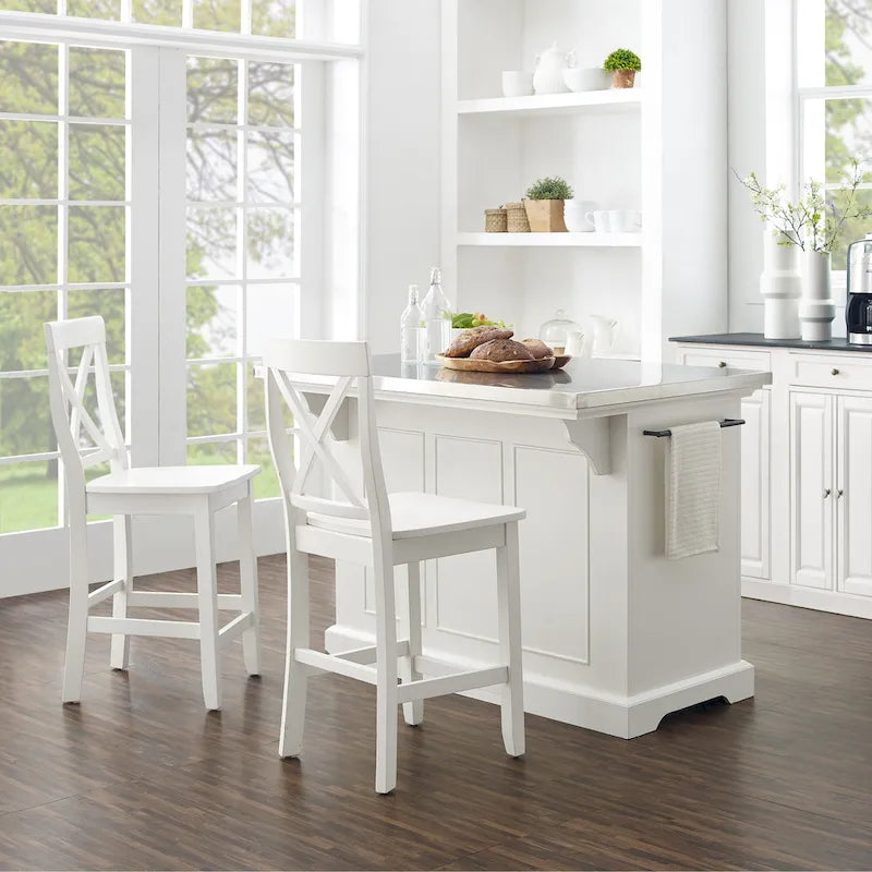 Îlot de cuisine Crosley Julia avec plateau en acier inoxydable et tabourets à dossier en X – 50 L x 60 P x 41 H