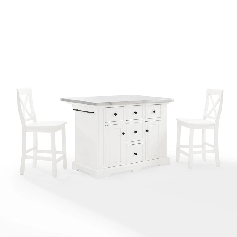 Îlot de cuisine Crosley Julia avec plateau en acier inoxydable et tabourets à dossier en X – 50 L x 60 P x 41 H