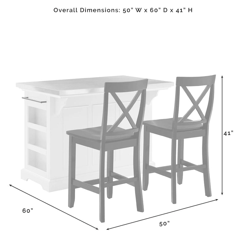 Îlot de cuisine Crosley Julia avec plateau en acier inoxydable et tabourets à dossier en X – 50 L x 60 P x 41 H