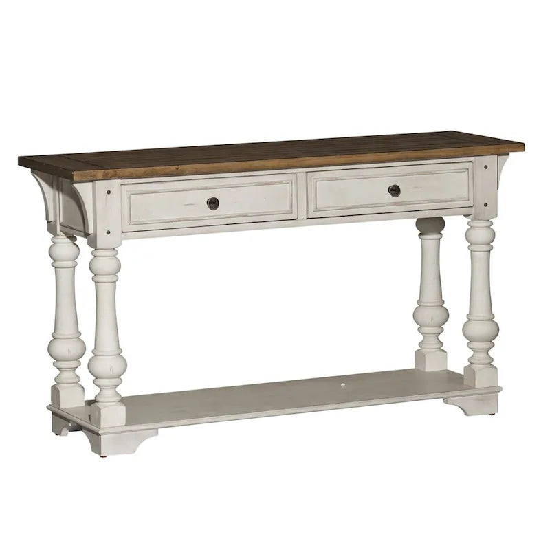 Table de canapé Morgan Creek antique blanc brossé et accents couleur tabac