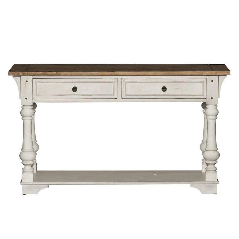 Table de canapé Morgan Creek antique blanc brossé et accents couleur tabac