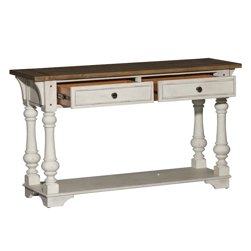 Table de canapé Morgan Creek antique blanc brossé et accents couleur tabac