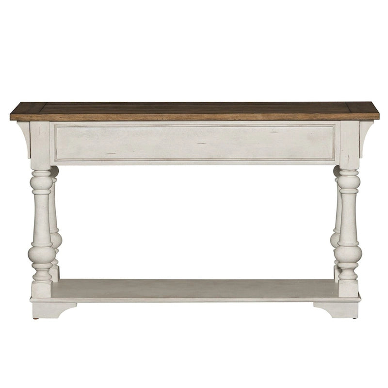 Table de canapé Morgan Creek antique blanc brossé et accents couleur tabac
