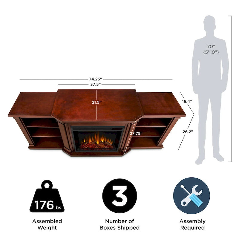 Meuble TV Valmont 74.25 avec foyer électrique, en acajou foncé, par Real Flame - 75,5 L x 21,5 P x 27,7 H