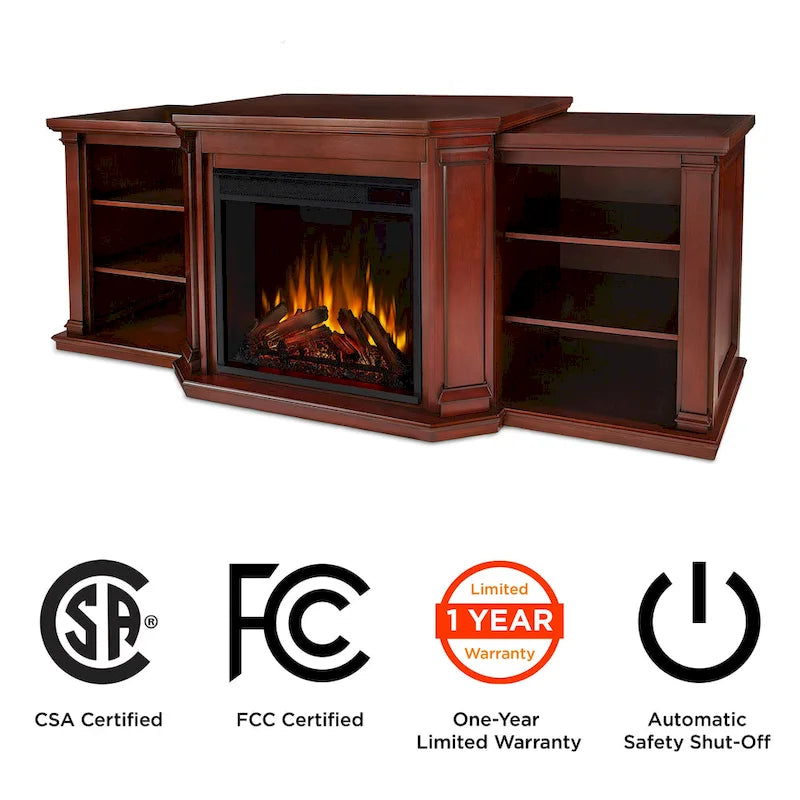 Meuble TV Valmont 74.25 avec foyer électrique, en acajou foncé, par Real Flame - 75,5 L x 21,5 P x 27,7 H