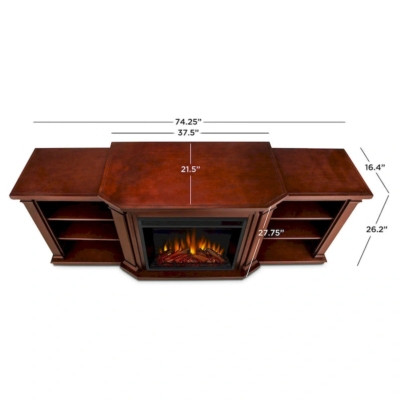 Meuble TV Valmont 74.25 avec foyer électrique, en acajou foncé, par Real Flame - 75,5 L x 21,5 P x 27,7 H