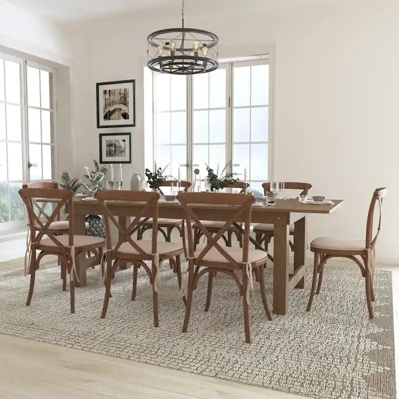Ensemble de table de ferme rustique pliable 2,4 m x 12 m avec 8 chaises à dossier croisé et coussins