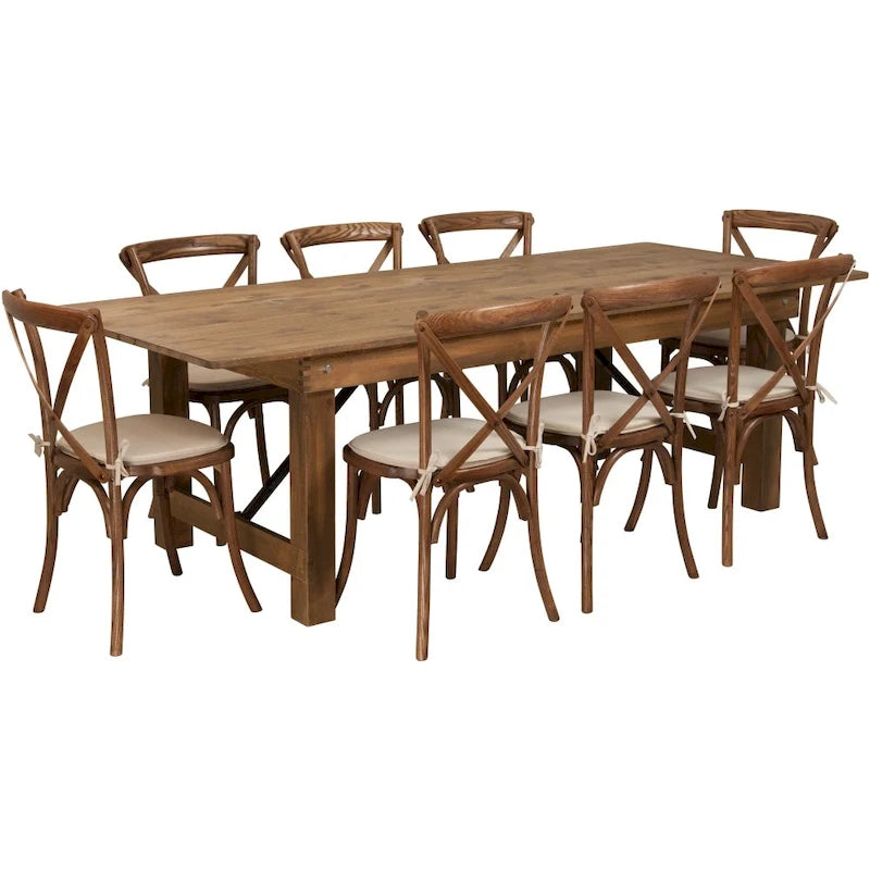 Ensemble de table de ferme rustique pliable 2,4 m x 12 m avec 8 chaises à dossier croisé et coussins