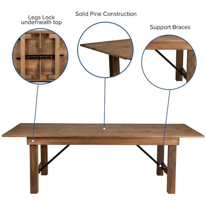 Ensemble de table de ferme rustique pliable 2,4 m x 12 m avec 8 chaises à dossier croisé et coussins