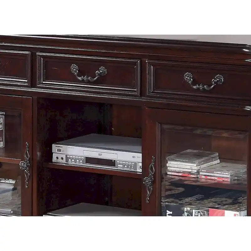 Meuble TV spacieux en peuplier avec sculptures traditionnelles, marron