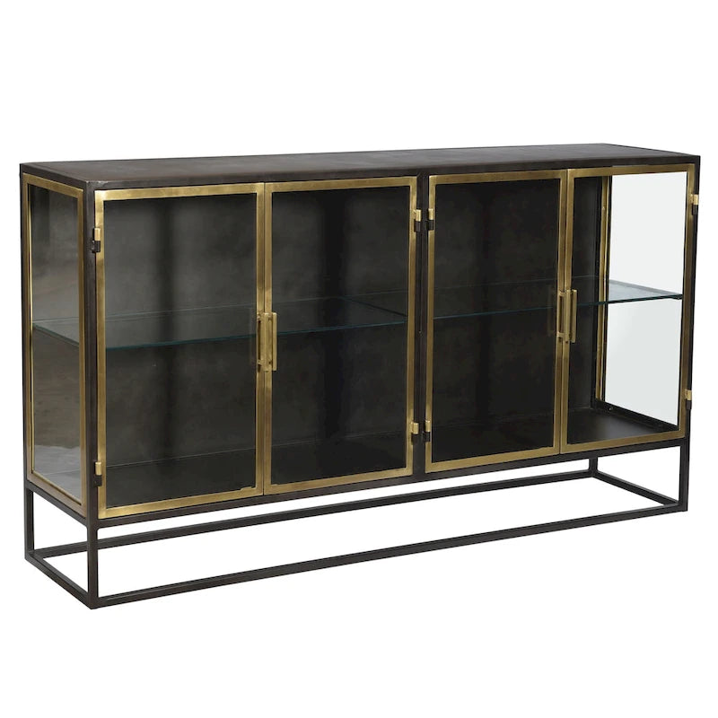 Bahut 4 portes Brynlee 72 en fer finition bronze canon et laiton, et verre