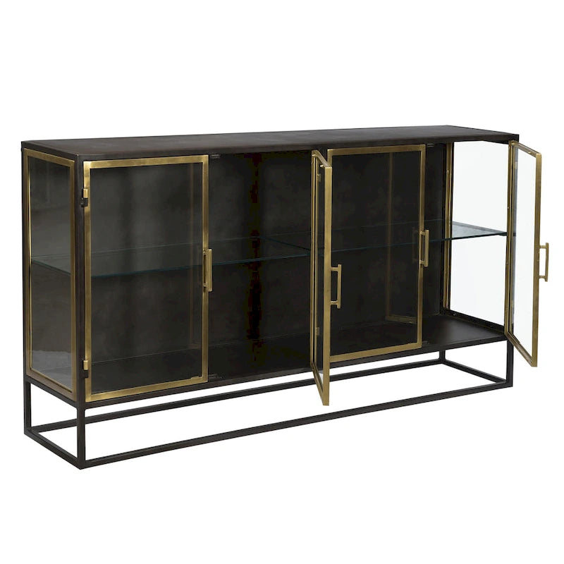 Bahut 4 portes Brynlee 72 en fer finition bronze canon et laiton, et verre