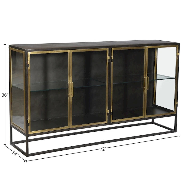 Bahut 4 portes Brynlee 72 en fer finition bronze canon et laiton, et verre