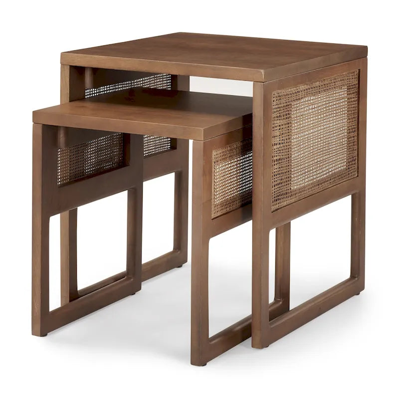 Tables d'appoint gigognes carrées en bois massif Grier avec accents en rotin (ensemble de 2) - 20L x 20l x 23H