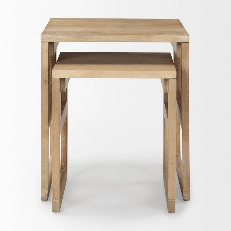Tables d'appoint gigognes carrées en bois massif Grier avec accents en rotin (ensemble de 2) - 20L x 20l x 23H
