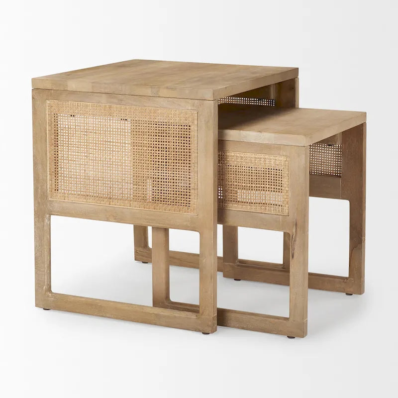 Tables d'appoint gigognes carrées en bois massif Grier avec accents en rotin (ensemble de 2) - 20L x 20l x 23H