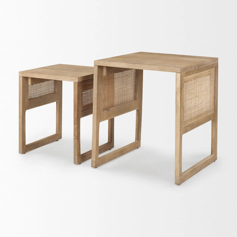 Tables d'appoint gigognes carrées en bois massif Grier avec accents en rotin (ensemble de 2) - 20L x 20l x 23H