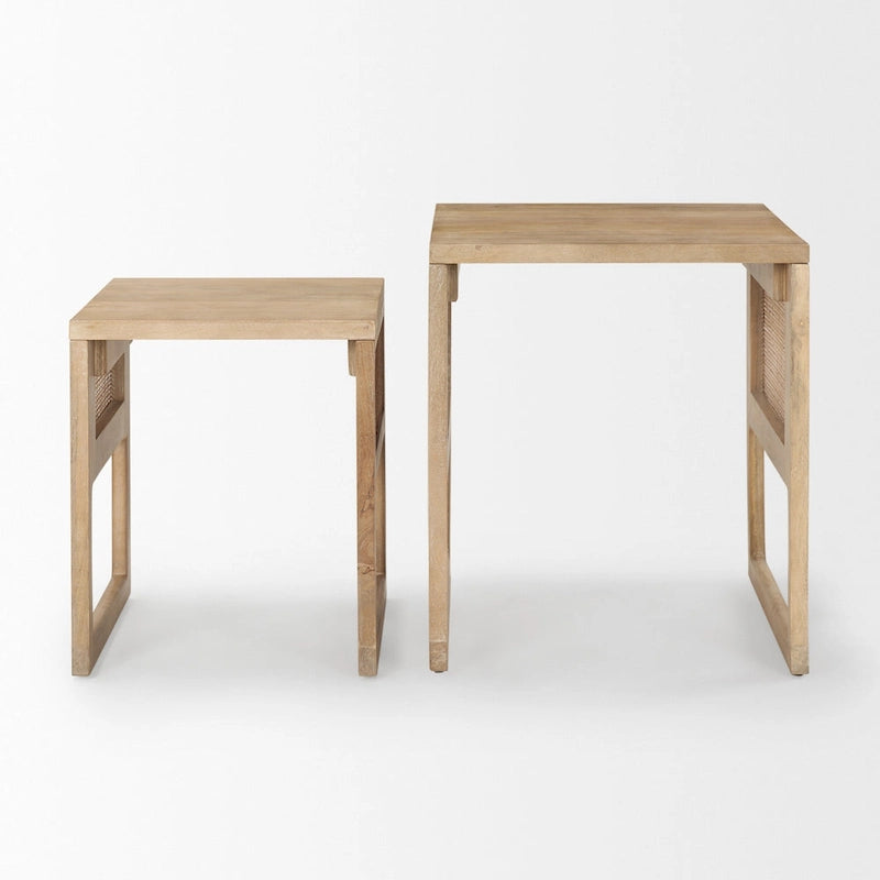 Tables d'appoint gigognes carrées en bois massif Grier avec accents en rotin (ensemble de 2) - 20L x 20l x 23H