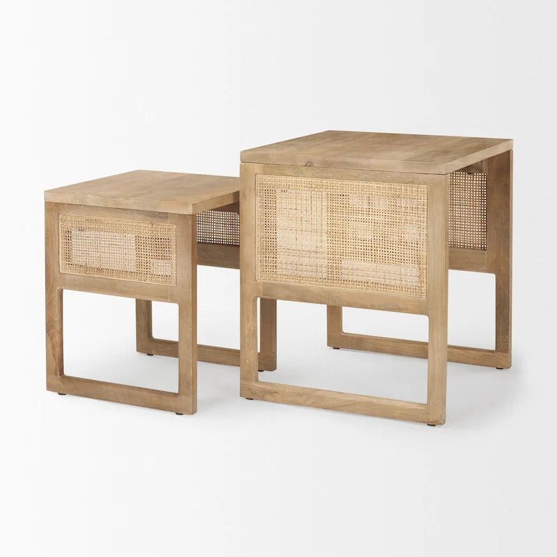 Tables d'appoint gigognes carrées en bois massif Grier avec accents en rotin (ensemble de 2) - 20L x 20l x 23H