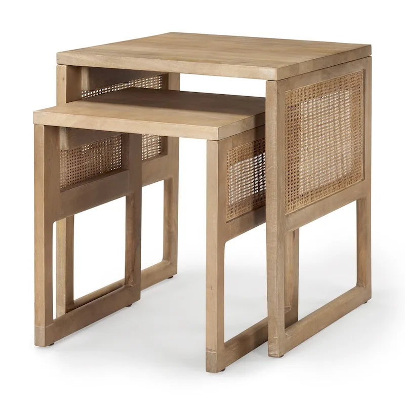 Tables d'appoint gigognes carrées en bois massif Grier avec accents en rotin (ensemble de 2) - 20L x 20l x 23H