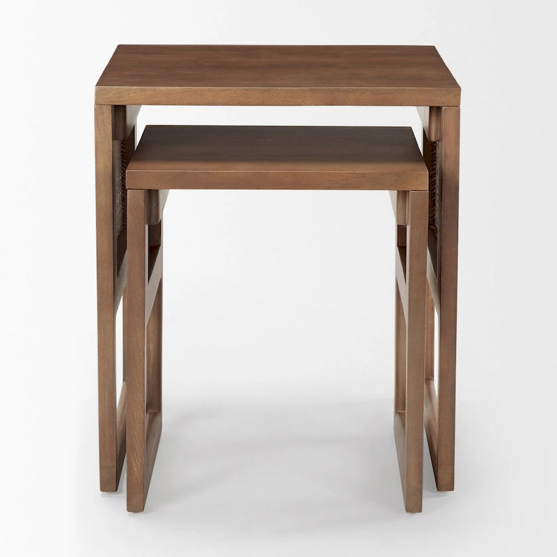 Tables d'appoint gigognes carrées en bois massif Grier avec accents en rotin (ensemble de 2) - 20L x 20l x 23H