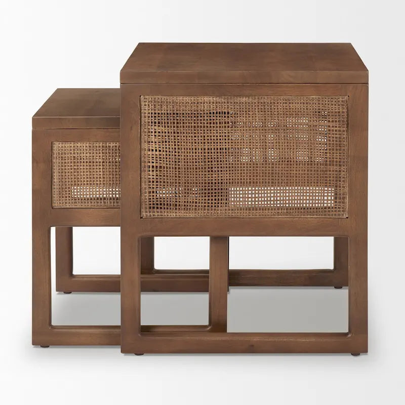 Tables d'appoint gigognes carrées en bois massif Grier avec accents en rotin (ensemble de 2) - 20L x 20l x 23H