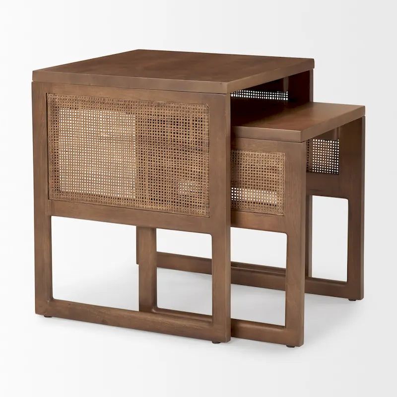 Tables d'appoint gigognes carrées en bois massif Grier avec accents en rotin (ensemble de 2) - 20L x 20l x 23H