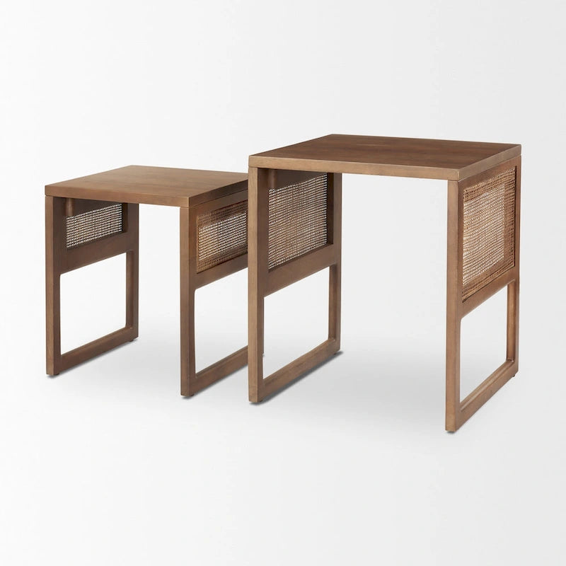 Tables d'appoint gigognes carrées en bois massif Grier avec accents en rotin (ensemble de 2) - 20L x 20l x 23H