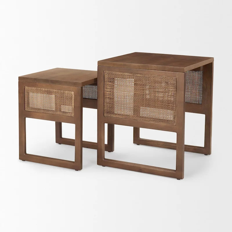 Tables d'appoint gigognes carrées en bois massif Grier avec accents en rotin (ensemble de 2) - 20L x 20l x 23H