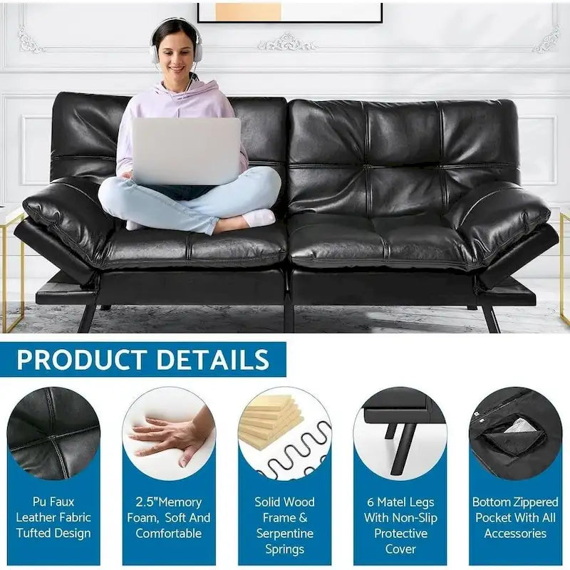 Canapé-lit futon, lit de repos convertible moderne avec accoudoirs réglables pour studio, appartement, bureau, petit espace