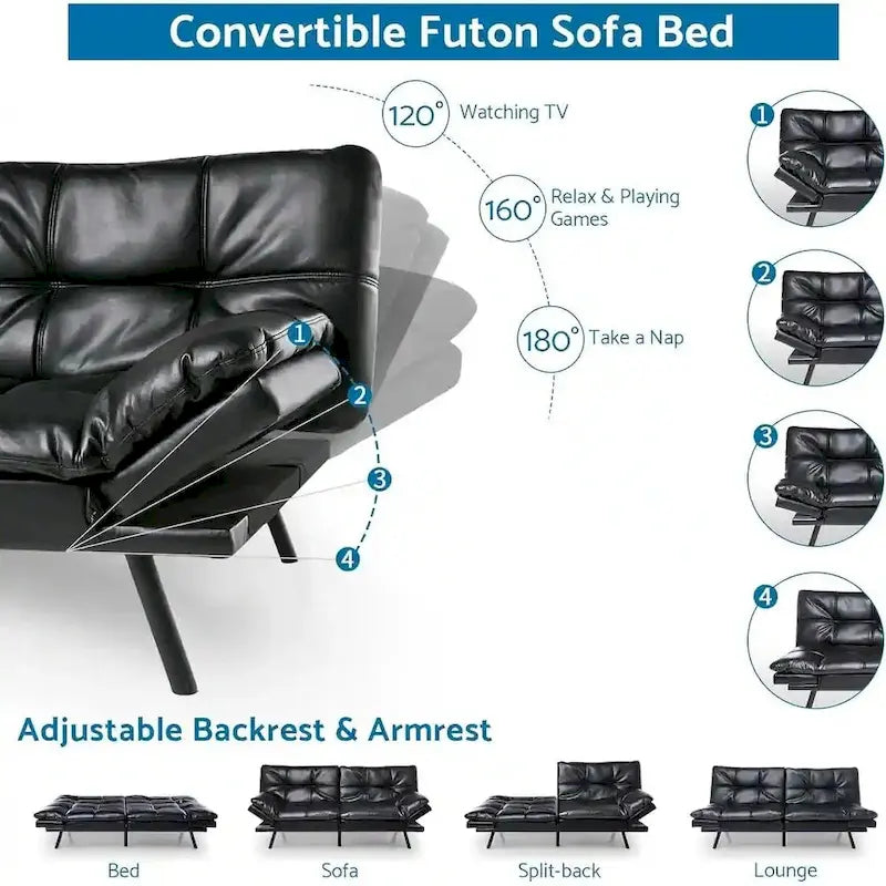 Canapé-lit futon, lit de repos convertible moderne avec accoudoirs réglables pour studio, appartement, bureau, petit espace