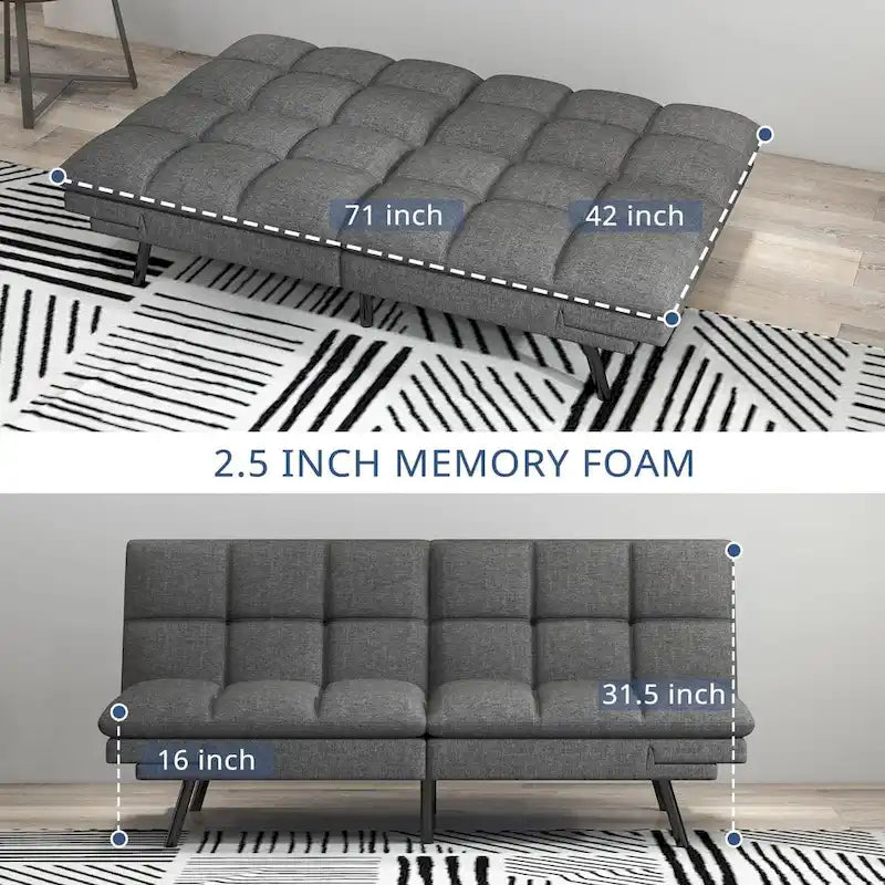 Canapé-lit futon, lit de repos convertible moderne avec accoudoirs réglables pour studio, appartement, bureau, petit espace