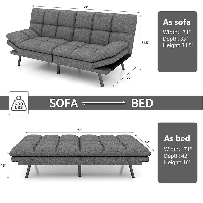 Canapé-lit futon, lit de repos convertible moderne avec accoudoirs réglables pour studio, appartement, bureau, petit espace
