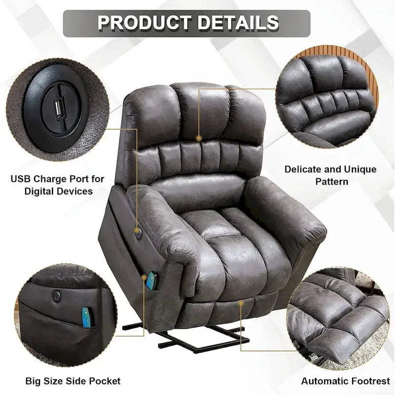 Fauteuil inclinable releveur électrique Ebello en micro-daim avec massage