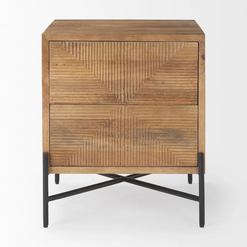 Table d'appoint Cairo en bois massif brun clair avec cadre en fer noir et 2 tiroirs - 22L x 22W x 26H