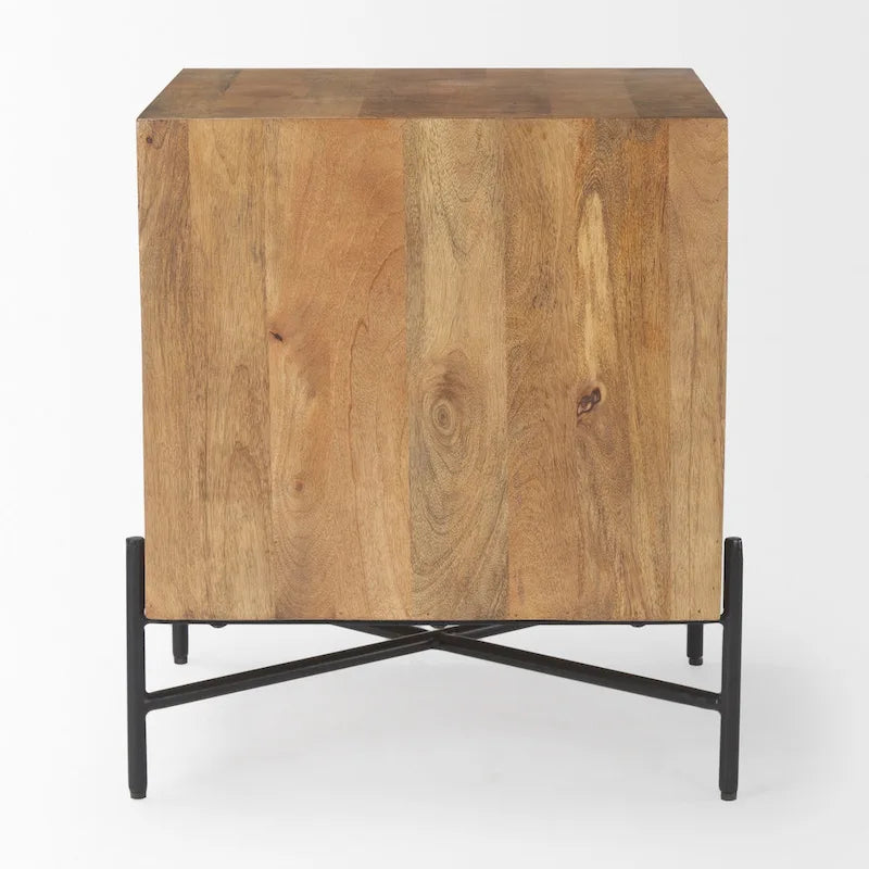 Table d'appoint Cairo en bois massif brun clair avec cadre en fer noir et 2 tiroirs - 22L x 22W x 26H