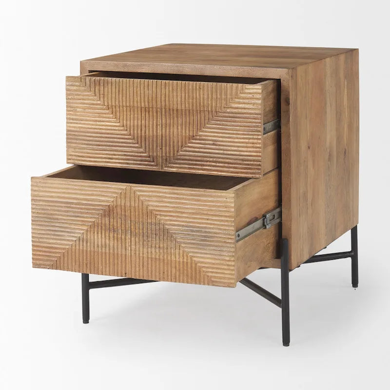 Table d'appoint Cairo en bois massif brun clair avec cadre en fer noir et 2 tiroirs - 22L x 22W x 26H