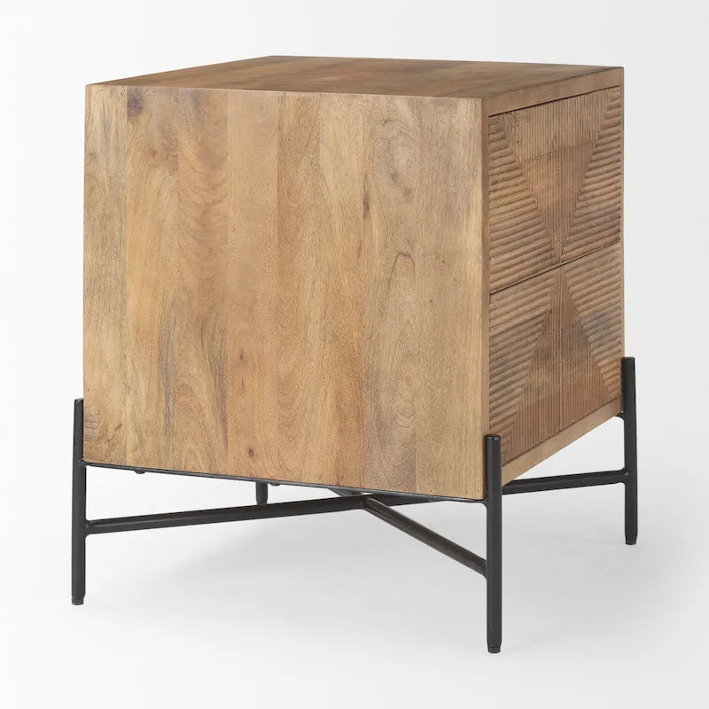 Table d'appoint Cairo en bois massif brun clair avec cadre en fer noir et 2 tiroirs - 22L x 22W x 26H