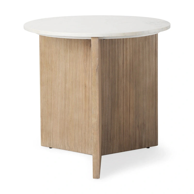 Table d'appoint ronde Enzo en marbre blanc avec piètement cannelé en bois massif brun clair