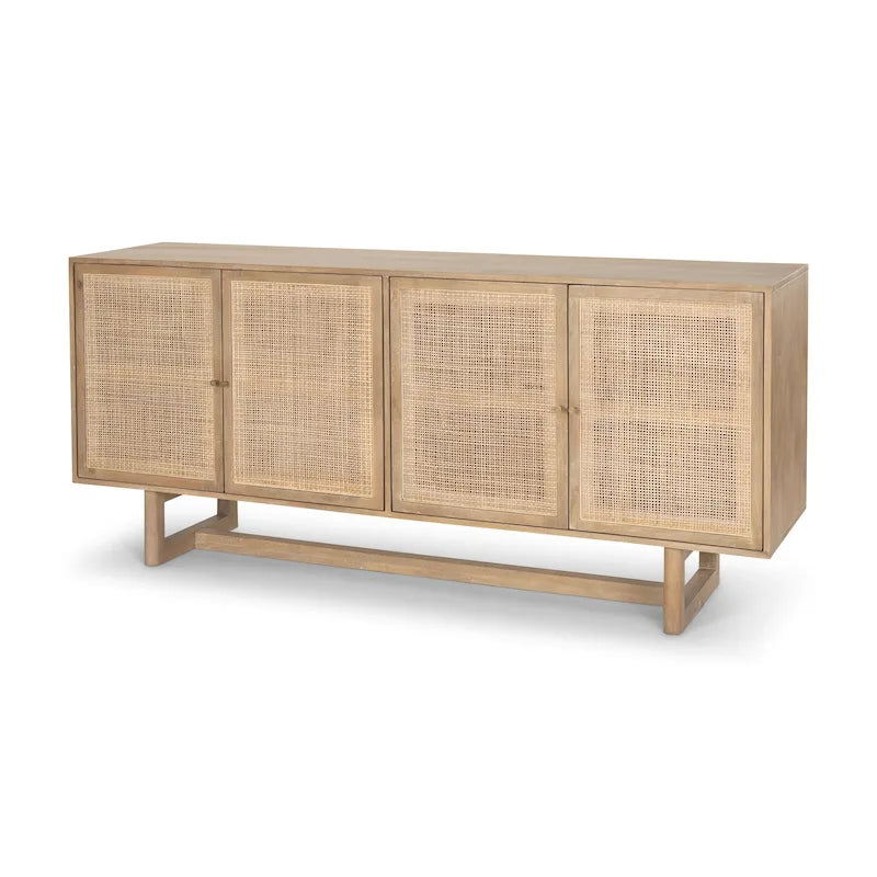 Grier Enfilade 4 portes en bois massif brun clair et cannage - 72,0L x 18,0l x 31,0H