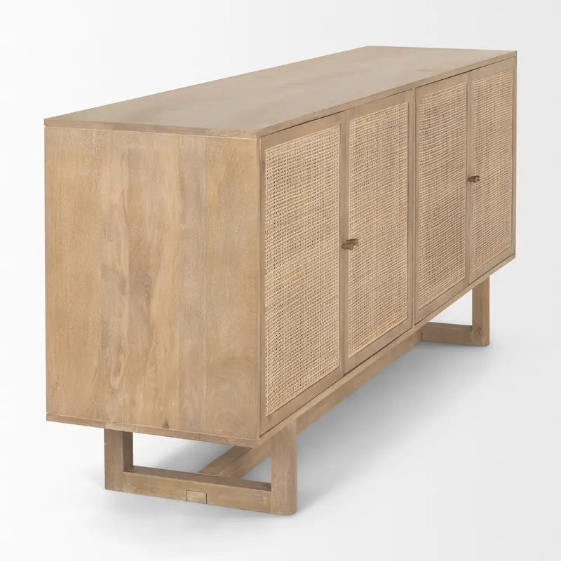 Grier Enfilade 4 portes en bois massif brun clair et cannage - 72,0L x 18,0l x 31,0H