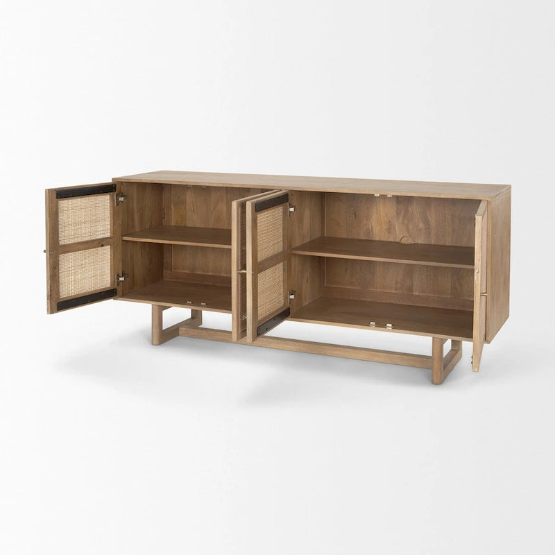 Grier Enfilade 4 portes en bois massif brun clair et cannage - 72,0L x 18,0l x 31,0H