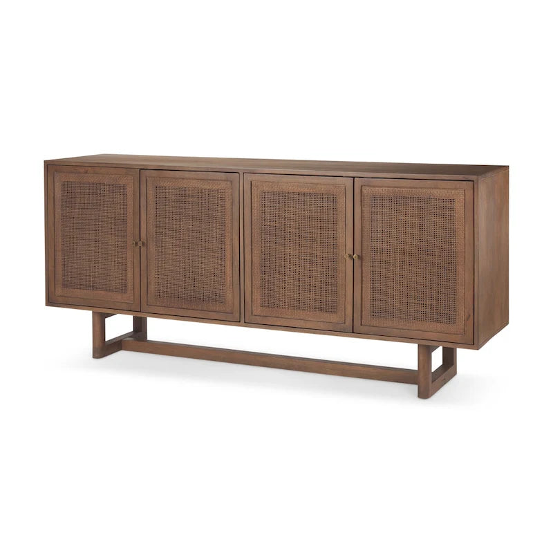 Grier Enfilade 4 portes en bois massif brun clair et cannage - 72,0L x 18,0l x 31,0H