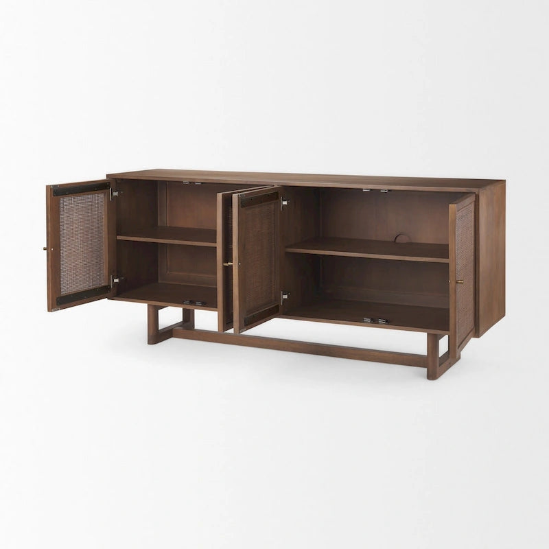 Grier Enfilade 4 portes en bois massif brun clair et cannage - 72,0L x 18,0l x 31,0H