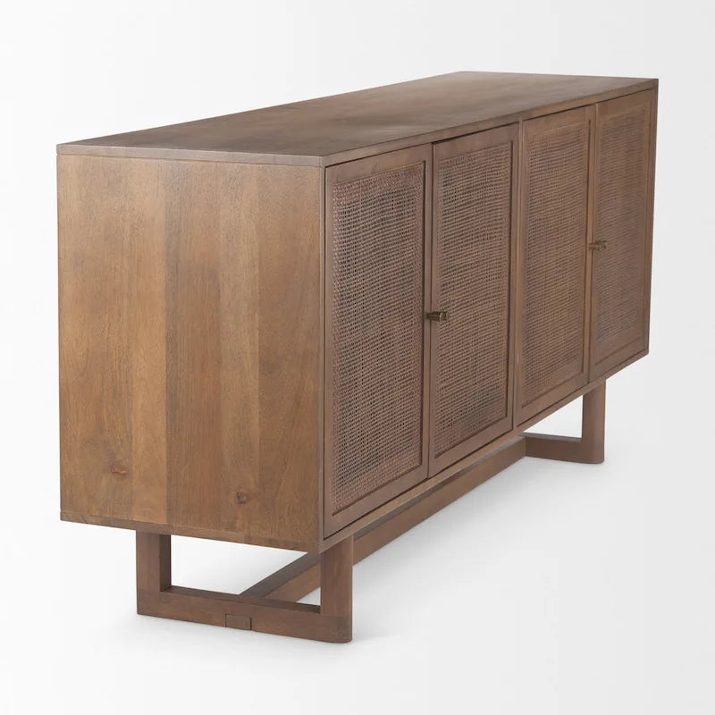 Grier Enfilade 4 portes en bois massif brun clair et cannage - 72,0L x 18,0l x 31,0H
