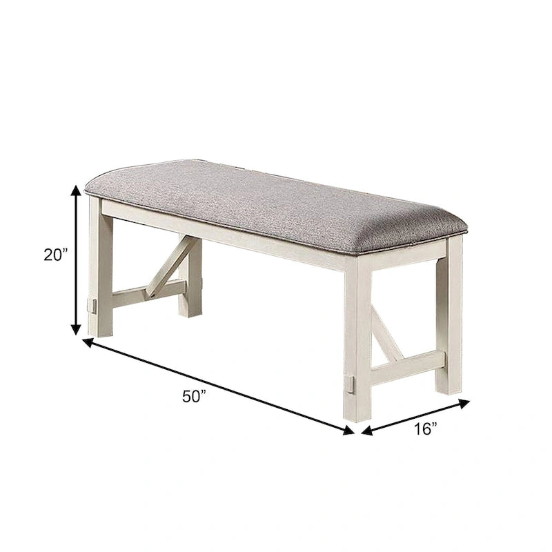 Banc de salle à manger Lexi de 50 pouces, assise rembourrée en tissu, bois d'hévéa, gris et blanc